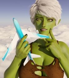 3d 3d_(artwork) airplane giantess giga_giantess goblin goblin_female green_skin growth horny kamicamie looking_at_object looking_up macro oc original original_character pointed_nose pointy_ears portal torn_clothes white_hair white_underwear