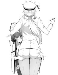 2girls ass blush breasts clipboard detached_sleeves female female_admiral_(kantai_collection) female_only greyscale hands_on_ass hat headgear heart highres holding holding_clipboard holding_pen jacket japanese_clothes japanese_text kantai_collection kongou_(kantai_collection) long_hair monochrome multiple_girls pants parted_lips pen ponytail simple_background sound_effects sweat takaman_(gaffe) text translated wide_sleeves yuri