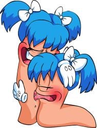 2girls anthro anus blue_hair blush closed_eyes cunnilingus drooling earthworm female female_only floating_hands game gloves hairbow hand_on_head homosexual legless no_breasts no_humans no_legs non-human oral oral_sex sex stinkek team17 tongue tongue_fucking tonguejob toony transparent_background twintails vagina worm worms_(series) yuri