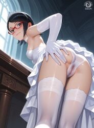 1girls ai_generated ass boruto:_naruto_next_generations cameltoe closed_mouth elbow_gloves from_behind from_below leaning_forward looking_at_viewer looking_back looking_back_at_viewer naruto naruto_(series) panties pussy_juice sarada_uchiha seacreator smile stained_panties standing stockings thighhighs tiara wedding_attire wedding_dress wedding_veil wet_panties white_stockings white_thighhighs
