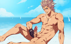 1boy autofacial beach black_monkey blue_eyes cum cum_on_body cum_on_self eyes facial fingerless_gloves glove human jacky_bryant male male_nipples male_only masturbation mazjojo muscles nipple nipples nude ocean outdoors penile_masturbation penis pose sega solo topless uncensored virtua_fighter wet