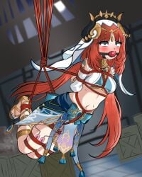 1girls absurdres arabian_clothes arms_behind_back ball_gag bare_shoulders blue_gem blush bondage bound bound_ankles bound_arms bound_legs bound_thighs bound_torso breast_bondage breasts brooch circlet commentary constricted_pupils crotch_rope dancer detached_sleeves drool drooling egg_vibrator english_commentary fake_horns female female_only femsub full_body gag gagged gem genshin_impact gladiator_sandals gold_sandals gold_trim harem_outfit highres hogtie horns jewelry long_hair long_sleeves looking_at_viewer low_twintails midriff nail_polish neck_ring nervous_sweating nilou_(genshin_impact) painted_nails painted_toenails pelvic_curtain puffo puffy_long_sleeves puffy_sleeves pussy_juice red_hair red_rope restrained rope sandals scared sex_toy shibari_over_clothes small_breasts solo suspension sweat thighlet toenail_polish toenails truepuffo twintails veil vibrator warehouse white_sleeves white_veil wide-eyed
