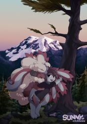 amphibian anal anal_sex anthro aquatic arms_around_partner axolotl bodily_fluids bottomless bottomless_anthro bottomwear brown_hair carrying_another clothed clothes_on_floor clothing collar condom_wrapper denim denim_bottomwear denim_clothing duo elemental_creature english_text evergreen_tree flora_fauna fluffy forest forest_sex generation_5_pokemon genital_fluids gills hair hi_res jeans laugh leaking_precum leaning_on_object legs_around_partner legs_together looking_at_another looking_at_partner male male/male male_penetrated male_penetrating male_penetrating_male mole_salamander motion_lines mountain nintendo nonbinary_(lore) onomatopoeia outside_sex panties pants pattern_bottomwear pattern_clothing pattern_panties pattern_underwear penetration piggyback pine_tree plant plap pokemon pokemon_(species) precum public public_nudity public_sex salamander sex shaded shirt snow sound_effects striped_bottomwear striped_clothing striped_panties striped_underwear stripes sunny_(artist) sunny_(sunny) sunset t-shirt tail tail_coil text tidbit tongue tongue_out topwear tree underwear whimsicott