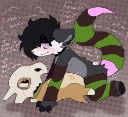 ambiguous_gender american_opossum anthro arm_warmers armwear bedroom_eyes black_hair blush claws clothing comfy_(helimopp) cubone douse_(helimopp) ear_piercing ear_ring from_front_position fur furgonomics generation_1_pokemon grey_body grey_fur hair hug kerchief leg_warmers legwear long_tail love lying male male/male mammal marsupial missionary_position narrowed_eyes newestgroundz nintendo on_back penetration piercing pink_blush plushie plushophilia pokemon pokemon_(species) raised_tail ring_piercing round_ears seductive sex sharp_teeth smile solo stitch_(sewing) tail tail_clothing tail_hug tail_warmer teeth thought_bubble thrusting virginia_opossum