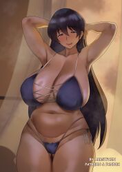 1girls arato_nagi arms_behind_head big_breasts bikini bikini_bottom bikini_top black_hair blue_bikini blue_eyes bottomwear breasts cleavage female female_only hair harstfazn huge_breasts long_hair looking_at_viewer ruri_no_houseki smile solo solo_female steam steaming_body steamy swimwear thick_thighs thighs topwear wide_hips