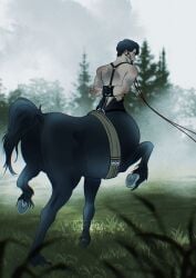 anus ass backsack balls barely_visible_anus barely_visible_balls barely_visible_genitalia bit_gag black_body bondage bridle centaur detailed_background equid equid_taur equine equine_anus equine_taur european_mythology evergreen_tree field fog forest forest_background gag gagged genitals grass greek_mythology halter hands_behind_back harness hi_res hooves horse horse_taur humanoid_taur male male_only male_taur mammal mammal_taur mythology nature nature_background nude_male nude_taur outside pine_tree plant prettyboy puffy_anus rear_view reins slave slave_boy solo submissive submissive_male submissive_taur taur training tree trotting