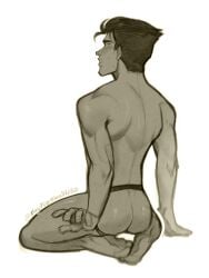 back_muscles back_view bayfuzzball7050 invincible invincible_(comics) invincible_(tv_series) jockstrap male male_only mark_grayson monochrome no_genitals_shown shy_male sitting