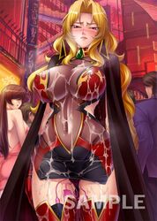 alicia_viewstream blonde_hair blush breasts cum cum_on_body cum_on_breasts cum_on_clothes cum_on_upper_body erect_nipples female gloves hips kagami kangoku_senkan kangoku_senkan_2 large_breasts public red_eyes see-through skin_tight vibrator vibrator_in_thighhighs wide_hips