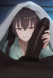 1boy 1boy1girl 1girls ai_generated bedroom between_legs close-up cock_worship dark-skinned_male dim_lighting fat_male girthy_penis hairy_male half-closed_eyes indoors interracial large_penis looking_at_viewer male/female male_pubic_hair medium_breasts netorare night ntr pajamas penis_grab penis_on_face pov pov_crotch room smile snapchat sneaky solo_focus straight suou_yuki testicles text tokidoki_bosotto_russian_de_dereru_tonari_no_alya-san under_covers veiny_penis waroffree