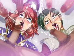 ahe_gao blue_eyes blush brown_eyes bukkake censored cum eun_hyojin facial gokkun green_hair group_sex hat lefina_enfield open_mouth penis pubic_hair raburebo red_hair rolling_eyes short_hair super_robot_wars tongue