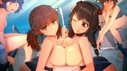 1boy 3d 4girls ;p absurdres anna_anon anna_skyler black_choker black_hair blue_one-piece_swimsuit blurry blush breast_press breasts brown_eyes brown_hair censored character_request choker clothes_pull cooperative_paizuri cum day depth_of_field ejaculation english_commentary erection eyes_visible_through_hair ffm_threesome grin group_sex hairband hand_on_own_cheek hand_on_own_face highres holding_hands interlocked_fingers large_breasts leaning_forward long_hair looking_at_penis looking_at_viewer mosaic_censoring multiple_girls one-piece_swimsuit one-piece_swimsuit_pull one_eye_closed open_mouth original outdoors paizuri parted_lips penis pool poolside pov projectile_cum short_hair sitting smile straight sweat swimsuit symmetrical_docking teamwork_(sexual) threesome tongue tongue_out topless_female twintails variant_set water