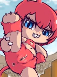 anthro anus background_character blue_eyes blush claws clitoral_hood clitoris coliseum diru eyelashes felid female fur genitals hair heart_nose heart_pattern heart_symbol hi_res inner_labia looking_at_viewer low-angle_view mammal monster_farm mum_mew_(monster_rancher) navel presenting presenting_anus presenting_vulva raised_leg red_body red_fur red_hair sharp_teeth sky solo tecmo teeth thick_eyelashes vulva x_navel