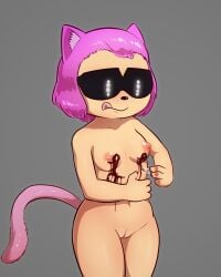 absurd_res anthro blood bodily_fluids cutting_self domestic_cat e254e eyewear felid feline felis female glasses gore hair hi_res holding_stomach light-neko mammal nude pink_hair scar self-harm self-harm_scars solo the_light-looker_society visor wearing_glasses