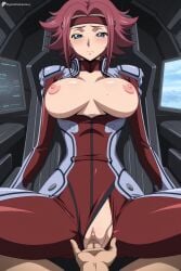 1boy ai_generated blue_eyes blush bodysuit breasts cockpit code_geass cowgirl_position digitalwaifugallery female headband hi_res high_quality high_resolution kallen_stadtfeld large_breasts nipples open_clothes patreon pov pussy red_hair seductive sexy short_hair solo_focus spread_legs straddling straight sweat torn_clothes uncensored watermark