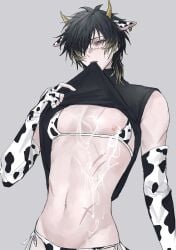 1boy animal_ears animal_print bikini biting biting_clothes black_hair cow_ears cow_horns cow_print cow_print_bikini cow_print_gloves crossdressing crossdressing_(mtf) cum cum_on_body femboy fingerless_gloves gloves grey_background hair_over_one_eye highres horns kemonomimi_mode lifting_own_clothes male_focus medium_hair multicolored_hair parted_lips print_bikini print_gloves qianyuzhu2 scar scar_on_chest scar_on_face shirt side-tie_bikini_bottom simple_background sleeveless sleeveless_shirt slow_damage solo streaked_hair swimsuit towa_(slow_damage) turtleneck yellow_eyes