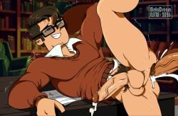 anal_penetration anonymous_male benji_(disventure_camp) benji_hattori bottomless cum cum_in_ass cum_inside disventure_camp disventure_camp:_carnival_of_chaos gay_sex glasses library male_only metadream on_desk tagme