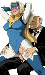1boy absurdres arms_behind_head balding bar_censor black_necktie black_suit blonde_blazer blonde_hair blue_boots blue_leotard blush bodysuit boots breasts cape censored clothing_aside cowboy_shot curvy dispatch_(game) english_commentary female gem glowing glowing_eyes grey_hair highres hypnosis large_breasts leotard leotard_aside mind_control motion_lines narrow_waist necktie old old_man penis_out pink_eyes pink_lips pubic_hair pussy pussy_juice rape red_gem rolling_eyes sex simple_background sitting spread_legs straight suit textless_version thigh_boots toned toned_female torn torn_bodysuit torn_clothes vaginal_penetration white_background white_bodysuit wing_collar yellow_cape