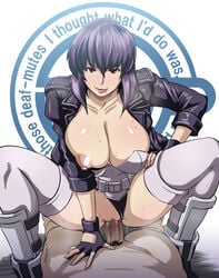 2011 assertive breast_slip breasts butcha-u censored cowgirl_position cyberpunk fingerless_gloves ghost_in_the_shell ghost_in_the_shell_stand_alone_complex gloves huge_breasts jacket kusanagi_motoko laughing_man nipples novelty_censor production_ig purple_hair red_eyes sex short_hair sleeves_rolled_up smile squatting straddle sweat thighhighs tongue vaginal_penetration white_background young_magazine