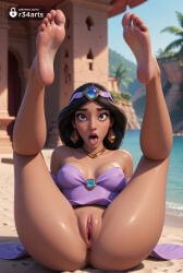 1girls ai_generated aladdin aladdin_(1992_disney_film) anus artist_name ass bare_shoulders barefoot beach black_hair blurry blurry_background bottomless breasts brown_eyes circlet cleavage clitoris dark-skinned_female dark_skin day dress earrings feet female_human foot_focus forehead_jewel hi_res jewelry legs_up long_hair looking_at_viewer medium_breasts mole mole_on_breast necklace no_panties open_mouth outdoors princess_jasmine purple_dress pussy r34arts sand soles solo spread_legs toes tongue tongue_out twitter_logo uncensored water