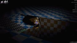 animated anthro black_bottomwear black_clothing black_pants bodily_fluids bottomwear checkered checkered_floor clothing darkness deer electronics excessive_feces feces genital_fluids goodheavansitsshulktime hair hyper hyper_feces hyper_scat hyper_soiling liminal_spaces long_hair male mammal pants phone soiling soiling_pants solo urine wetting