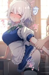 1boy absurdres apron arm_support black_panties blue_dress blush bow bowtie braid breasts censored closed_eyes clothed_female_nude_male clothes_lift commentary_request cowboy_shot darumoon dress erection female frilled_apron frilled_skirt frills from_side furrowed_brow grabbing_another's_arm green_bow green_bowtie grey_hair hairbow half-closed_eyes highres izayoi_sakuya large_breasts leaning_forward maid maid_apron maid_headdress mosaic_censoring motion_lines nude open_mouth panties penis puffy_short_sleeves puffy_sleeves sakuya_izayoi sex shirt short_hair short_sleeves skirt skirt_lift speed_lines straight table testicles thigh_strap touhou translation_request trembling turning_head twin_braids underwear white_apron white_headdress white_shirt window