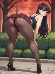 ai_generated ass bangs bare_shoulders bent_over black_footwear black_hair blush breasts bush cute female female_only from_behind full_body heart high_heels huge_ass huge_breasts juswa komi_shouko large_ass large_breasts legs lips long_hair looking_at_viewer looking_back outdoors panties panties_under_pantyhose pantyhose pleated_skirt purple_eyes red_panties red_skirt skirt smile solo standing striped striped_skirt tank_top thicc thick_thighs thighs tree underwear