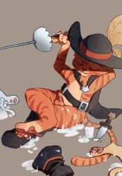 after_orgasm after_sex ambiguous_gender animal_genitalia animal_penis anthro balls belt blade bodily_fluids boots cape closed_eyes clothing container crossed_legs cum cum_in_a_cup cum_in_container cum_on_ground cum_on_self cup dagger domestic_cat dreamworks faceless_ambiguous faceless_character felid feline feline_genitalia feline_penis felis footwear forestoffizz fur fuzzy genital_fluids genitals glass glass_container glass_cup grey_background group hand_behind_head hat headgear headwear hi_res holding_object holding_weapon knife male mammal melee_weapon one_boot_on orange_body orange_fur pawpads penis puss puss_in_boots_(dreamworks) puss_in_boots_(franchise) raised_arm rapier shoes simple_background sitting small_balls small_penis smile solo_focus sword tabby_cat tail trio weapon