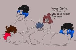 5girls anger_vein areolae bath big_ass big_breasts black_hair black_lipstick blue_hair blush blush_lines blushing boss_(thelittlenerdys) breasts brown_hair eli_(skaler2) fat_ass female greyscale head_between_thighs huge_boobs huge_breasts luna_(thelittlenerdys) lyna_(skaler2) milf miss_mendoza_(skaler2) nerd nerdy nerdy_female no_nut_november no_nut_sabotage red_hair skaler2 spanish_text text thick_thighs thighs twitter_user_oc twitter_user_sona two-tone_hair