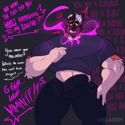 2023 absurd_res akita american_akita anthro arm_tuft bau_(melaisen) black_eyebrows black_eyewear black_glasses black_nose blue_clothing blue_shirt blue_t-shirt blue_topwear bodily_fluids bottomwear brown_body brown_ears brown_face brown_fur canid canine canis cel_shading clenched_teeth clothed clothed_anthro clothed_male clothing countershade_fur countershading dark_pants dialogue domestic_dog elbow_tuft english_description english_text eyebrows eyewear fully_clothed fully_clothed_anthro fully_clothed_male fur glasses growth hair hi_res hypnosis male mammal melaisen mind_control mouth_closed muscle_growth offscreen_character orange_body orange_fur pants pink_hair pink_text shaded shirt solo spitz sweat t-shirt teeth tenting text topwear tuft white_body white_countershading white_text