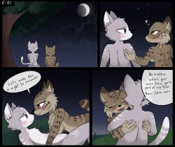 anthro blush bobcat breasts brown_body brown_fur comic duo e-01 felid feline female fur grey_body grey_fur haiiroyuki_(zekeofgods) hi_res hug hugging_another light lynx male male/female mammal moon moonlight nude nude_anthro nude_female nude_male sitting text white_body white_fur