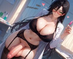 1futa absurdres ai_generated amiiari antenna_hair arm_behind_back ass_bigger_than_head bangs big_balls big_breasts big_penis black_bra black_hair black_lingerie blush bottomless bra breasts breasts_bigger_than_head cleavage coat collarbone cowboy_shot curvy detailed dripping dripping_penis dripping_precum dutch_angle english_text erection eyebrows_visible_through_hair flaccid futa_only futanari garter_belt garter_straps glasses green_eyes grin hair_between_eyes hand_up hasegawa_chisato heart holding holding_syringe huge_ass huge_breasts huge_penis imminent_fellatio imminent_oral indoors joytag lab_coat labcoat lace lace-trimmed_bra large_ass large_breasts large_penis light-skinned_futa lingerie long_hair long_penis long_sleeves looking_at_viewer makeup massive_breasts milf mole_on_breast mole_under_eye naughty_face navel no_panties nurse open_clothes open_coat parted_lips penis penis_focus pent_up precum precum_drip precum_string red-framed_eyewear seductive seductive_smile semi-rimless_eyewear shinmai_maou_no_testament shiny_hair shiny_skin skindentation smile solo standing stomach submissive_pov syringe test_tube testicles thick_thighs thighhighs thighs throbbing_penis twitching_penis under-rim_eyewear underwear veins veiny_penis very_long_hair voluptuous wide_hips