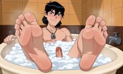 ai_generated aroused bath bathing bathroom bathtub ben_10 black_hair blush brown_eyes cock confident erection exposed_penis feet_up gay hard_cock in_bathtub indoors kevin_levin male male_feet male_focus male_only muscular_male naked_male nude_male pecs smug smug_grin soles toes wet wet_body wet_feet wet_hair yaoi
