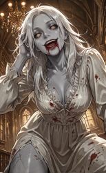 ai_generated big_breasts big_tits black_pupils blood_in_mouth blood_stain grabbing_own_hair grey_body grey_skin grey_skinned_female kneeling light_hair looking_at_viewer medium_breasts monster_girl pale-skinned_female pale_skin pose posing posing_for_the_viewer resident_evil resident_evil_9:_requiem ripped_clothing seductive seductive_smile selena_corey showing_leg smile smiling smiling_at_viewer sweating undead undead_female white_dress white_hair wide_hips yellow_eyes zombie zombie_girl