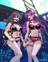 2girls absurd_res air_bubble alluring bare_shoulders big_breasts bikini black_bikini black_choker blue_eyes bubble byleth_(fire_emblem) byleth_(fire_emblem)_(female) byleth_(summer)_(fire_emblem)_(female) choker cleavage dagger diving_regulator female fire_emblem fire_emblem:_three_houses fire_emblem_heroes fire_emblem_warriors:_three_hopes flower hair_flower hair_ornament hair_over_one_eye hibiscus high_res holding holding_hands intelligent_systems knife ladder long_hair looking_at_viewer multiple_girls navel nintendo official_alternate_costume oxygen_tank purple_eyes purple_hair rebreather red_flower rein_creamsoda rope_ladder scuba scuba_gear scuba_tank sheath sheathed shez_(fire_emblem) shez_(fire_emblem)_(female) stomach swimsuit teal_hair underwater weapon white_flower