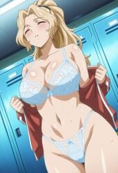 1girls accurate_art_style ai_generated bare_legs bare_thighs blonde_hair blue_eyes blush clothing dutch_angle embarrassed faithful_to_the_anime female female_focus female_only front_view gym_uniform hair_ornament high_resolution horny horny_female jacket lingerie looking_up mature mature_female okita_asuka p.e._teacher panties pantyshot pantyshot_(standing) ponytail presenting presenting_pussy locker_room ribbon rin_x_sen rin_x_sen_+_ran_-_sem_cross_mix sensei solo teacher thick_thighs thighs track_jacket tracksuit underwear undressing very_long_hair viewed_from_below wavy_hair wet