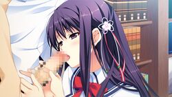 arihara_nodoka blush censored female game_cg narumi_suzune penis purple_eyes purple_hair school_uniform tojita_sekai_no_tori_colony uniform