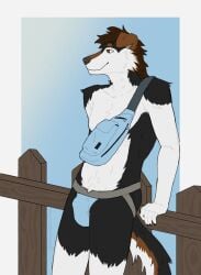 anthro bag canid canine casual_nudity clothed clothing forwarduntoporn hi_res jockstrap jockstrap_only leaning leaning_backward leaning_on_object male mammal mullet outdoor_nudity outside slipstreamtease smile solo topless underwear underwear_only