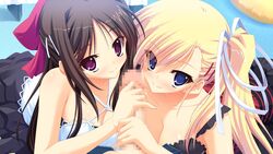 2girls ama_ane blonde_hair blue_eyes brown_hair censored cleavage game_cg kikurage penis pink_eyes takashina_natsumi yashima_otome