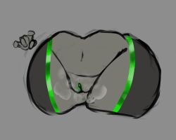 anthro big_clitoris black_body bodily_fluids clitoris crotch_lines devil_horns_(gesture) dripping_vulva ejaculation female fupa genital_fluids genitals gesture green_body green_clitoris green_inner_pussy grey_body hand_gesture hi_res mama_malachite musk musk_cloud musky_vulva navel plump_labia solo theok_arts thick_thighs vaginal_fluids vaginal_squirting vulva
