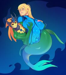 2girls armor beauty_mark black_sclera blonde_hair blue_eyes bodysuit collar combos-n-doodles commission commissioner_upload crack_pairing crossover crossover_pairing crossover_ship crossover_shipping crown eastern_and_western_character female female_only gorget headgear human interspecies league_of_legends long_hair marai merfolk mermaid metroid monster_girl nami_(league_of_legends) necklace nipple_teasing ponytail red_eyes samus_aran split_form tease teasing teasing_nipples yuri zero_suit zero_suit_samus
