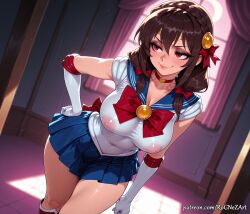 2026 ai_generated bishoujo_senshi_sailor_moon blue_sailor_collar blue_skirt bow braid braided_hair breasts brown_hair choker cleavage collarbone cosplay covered_navel covered_nipples crossover crown_braid curtains elbow_gloves exposed_nipples female female_focus female_only gloves hairbow hand_on_hip handwear heart_choker highres huge_breasts indoors inside kono_subarashii_sekai_ni_shukufuku_wo! konosuba large_breasts long_hair nipples patreon patreon_username pleated_skirt red_bow red_choker red_eyes rognezart sailor_collar sailor_moon_(cosplay) sailor_senshi_uniform see-through skirt smile smiling solo thick_thighs thighs twintails very_long_hair white_gloves yunyun_(konosuba)