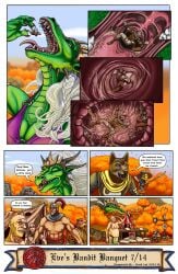 anthro anthro_prey armor arthropod bandits bee bodily_fluids border braided_hair camp camping_tent canid canine comic crown crystal dragon drinking eve_(markie) falling female female_pred forest forest_background group hair headgear helmet hi_res human human_prey humanoid hymenopteran insects jam_(markie) knight larger_female larger_pred licking licking_lips male male_prey mammal markie melee_weapon multiple_prey mythological_creature mythological_scalie mythology nature nature_background open_mouth oral_vore organs plant polearm roy_(markie) saliva scalie shirtless_male size_difference slightly_chubby slightly_chubby_male smaller_anthro smaller_human smaller_male smile sneaking spear stomach teeth text tongue tongue_out tree unwilling_prey vore warrior weapon white_border