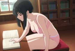 1girl underwear breasts bra panties solo book black_hair sitting red_eyes pink_bra earrings pink_panties jewelry indoors underwear_only cleavage bookshelf sidelocks window open_book collarbone gold_earrings reading large_breasts medium_breasts patreon_username wooden_floor from_side chair navel ai_generated anime anime_style hentai hi_res mystic_maidens patreon yor_briar yor_forger spy_x_family