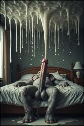 1boy ai_generated anthro anthro_only balls bed bedroom big_glans big_penis cum cum_everywhere cum_on_wall cumshot elephant elephantid excessive_cum furry furry_only furrypornaddiction glans grey_body grey_skin hyper hyper_penis male male_only penis sleeping solo solo_anthro solo_male thick_cum