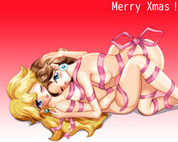 2girls blonde_hair blue_eyes blush brown_hair christmas female female_only human mario_(series) merry_christmas multiple_females multiple_girls naked_ribbon nintendo princess_daisy princess_peach ribbon tansoku102cm yuri