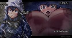 1girls big_breasts blue_eyes blue_hair breasts busty_female cassinroll clothing_entrapment dialogue female female_only hat hi_res inside_clothing light-skinned_female light_skin looking_at_viewer musk musk_clouds nipples persona persona_4 pov shared_clothes shirogane_naoto short_hair sweatdrop sweating tagme tomboy uncensored under_clothes