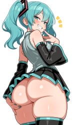 1girls ass ass_focus ass_support back back_view backboob big_ass black_skirt black_thighhighs blue_nail_polish blue_nails clothing detached_sleeves female female_only hair hair_ornament hand_on_ass hatsune_miku huge_ass legwear looking_back nail_polish nails naughty_face pleated_skirt shiguren_39 short_skirt skirt smile solo solo_female teal_eyes teal_hair thick_thighs thighhighs thighs twintails vocaloid white_background