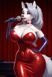 1girls ai_generated anthro ass beautiful big_ass big_breasts breasts canid canine canis choker clothed clothing cosplay curvy curvy_body curvy_female curvy_figure curvy_hips demon demon_girl deviantart dress ears elbow_gloves female furry gorgeous grey_fur grey_hair grey_tail half-closed_eyes hand_on_hip hellhound helluva_boss jessica_rabbit jessica_rabbit_(cosplay) long_gloves long_hair looking_at_viewer loona_(helluva_boss) microphone mythological_canine mythological_creature mythology open_mouth open_smile opera_gloves patmmp0102 purple_gloves red_sclera sexy smile smiling smiling_at_viewer sparkling_dress stage tail thick_thighs two-tone_body two-tone_fur vivienne_medrano vivziepop white_body white_eyes white_fur wide_hips wolf wolf_girl