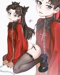 1girls black_nails blue_eyes blush chained chains fate/stay_night fate_(series) female female_only hi_res highres light-skinned_female light_skin long_hair looking_at_viewer nail_polish nails shoes simple_background solo thighs tohsaka_rin waligner wavy_mouth white_background