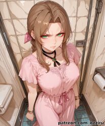 1girl absurd_res aerith_gainsborough ai_generated alternate_version_at_source alternate_version_available bathroom bracelet bracelets braid braided_hair braided_ponytail braids brown_hair cute cute_face female female_focus final_fantasy final_fantasy_vii final_fantasy_vii_remake final_fantasy_xiv from_above hi_res highres indoor indoors indoors_sex inside long_hair necklace ozziru parted_bangs patreon public public_nudity public_sex self_upload sexy toilet uncensored video_game video_game_character video_game_franchise video_games